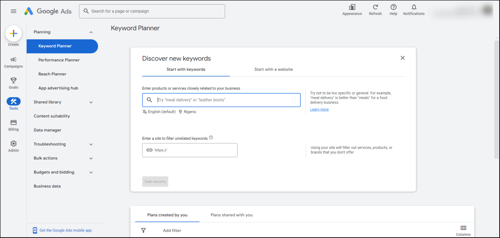 Google Keyword Planner showing the keyword search box