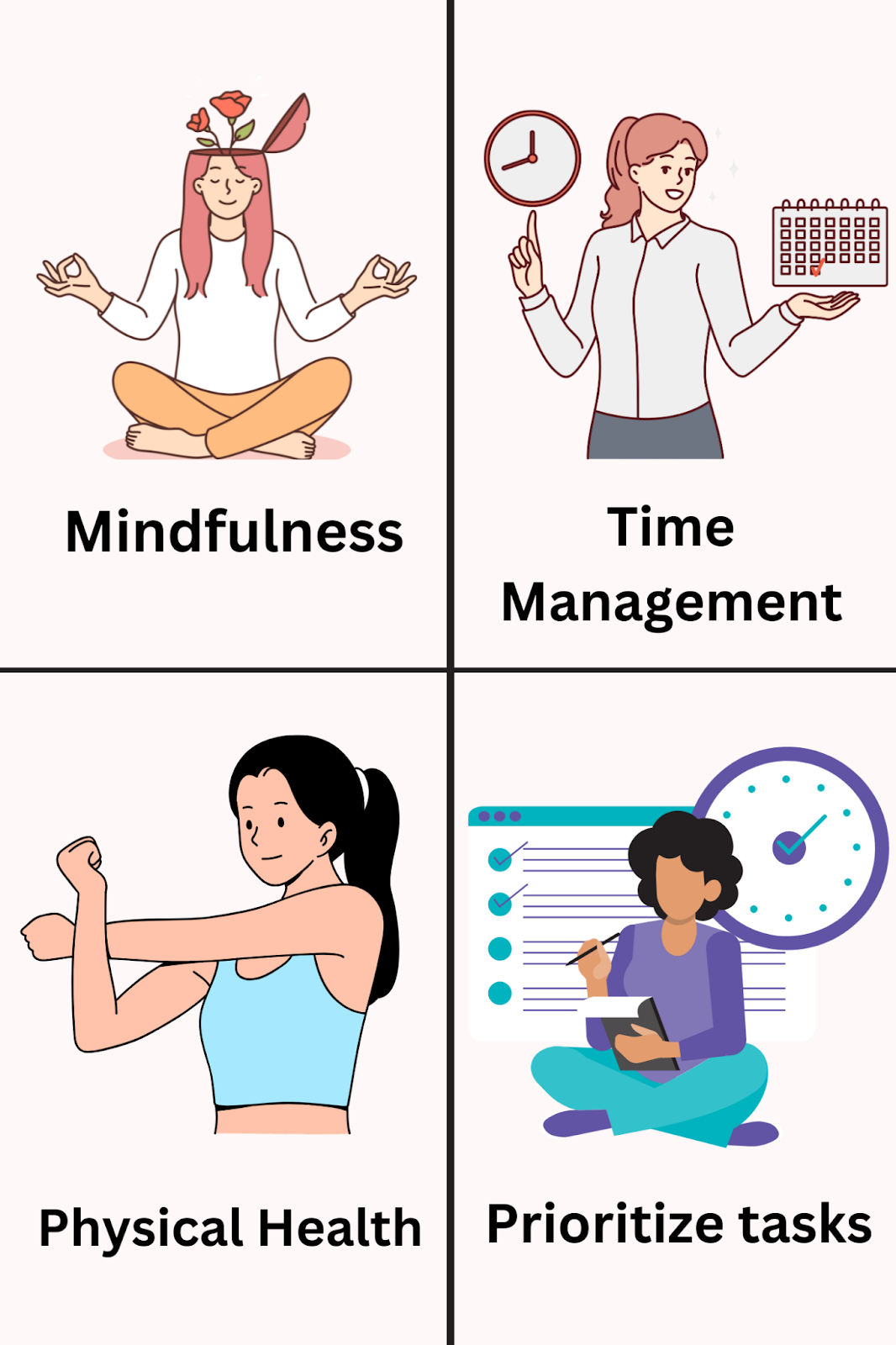 Illustration showing strategies for workplace stress management: mindfulness, time management, exercise, tasks.