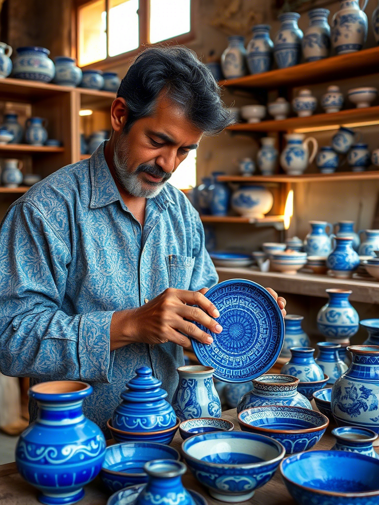 "Multani blue Pottery: A vibrant display of intricately designed ceramic containers and a teapot, with a man "
