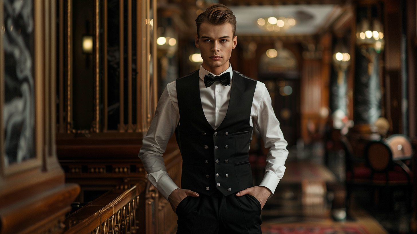 Elegant man wearing a shawl collar vest with a rounded lapel, tuxedo-inspired styling, paired with black trousers and a dress shirt, evening formalwear mood, luxurious fabric, cinematic lighting