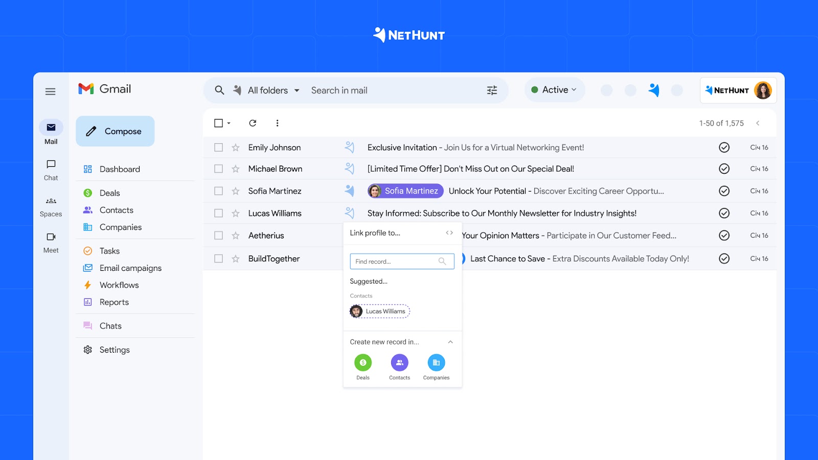 NetHunt CRM interface in Gmail