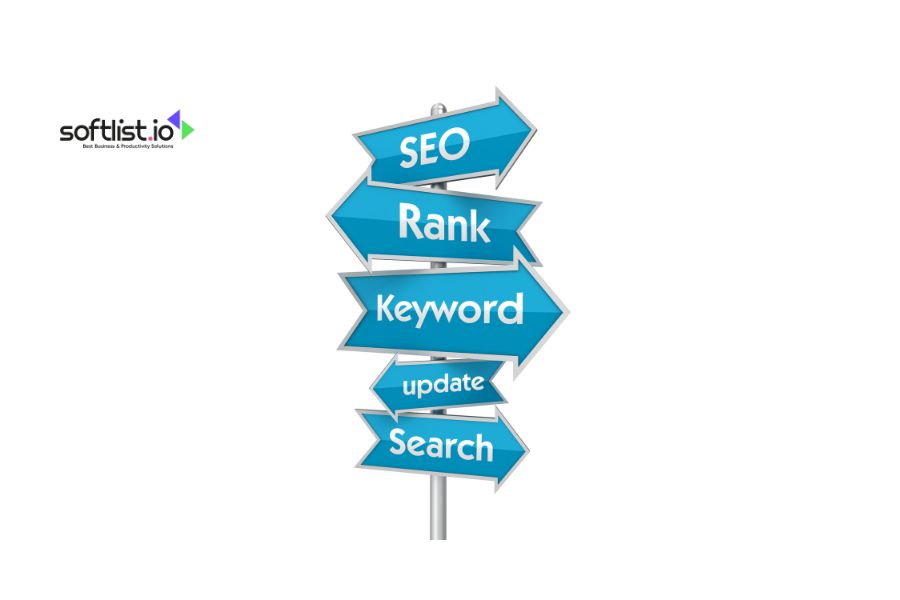 Signpost with arrows for SEO, Rank, Keyword, Update, and Search.