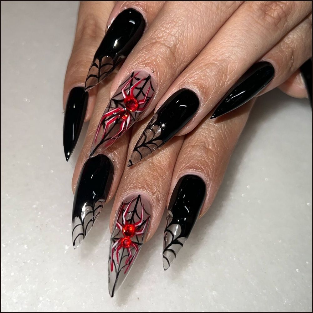 Close up of nails with spooky nails having Black Long spooky Nails