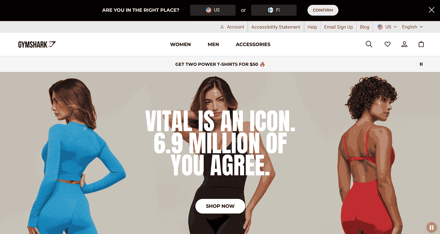 A screenshot of Gymshark homepage as one of the fashion brands looking for influencers