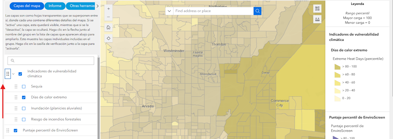 Las capas del mapa reorganizadas muestran las capas en un orden diferente en el mapa.