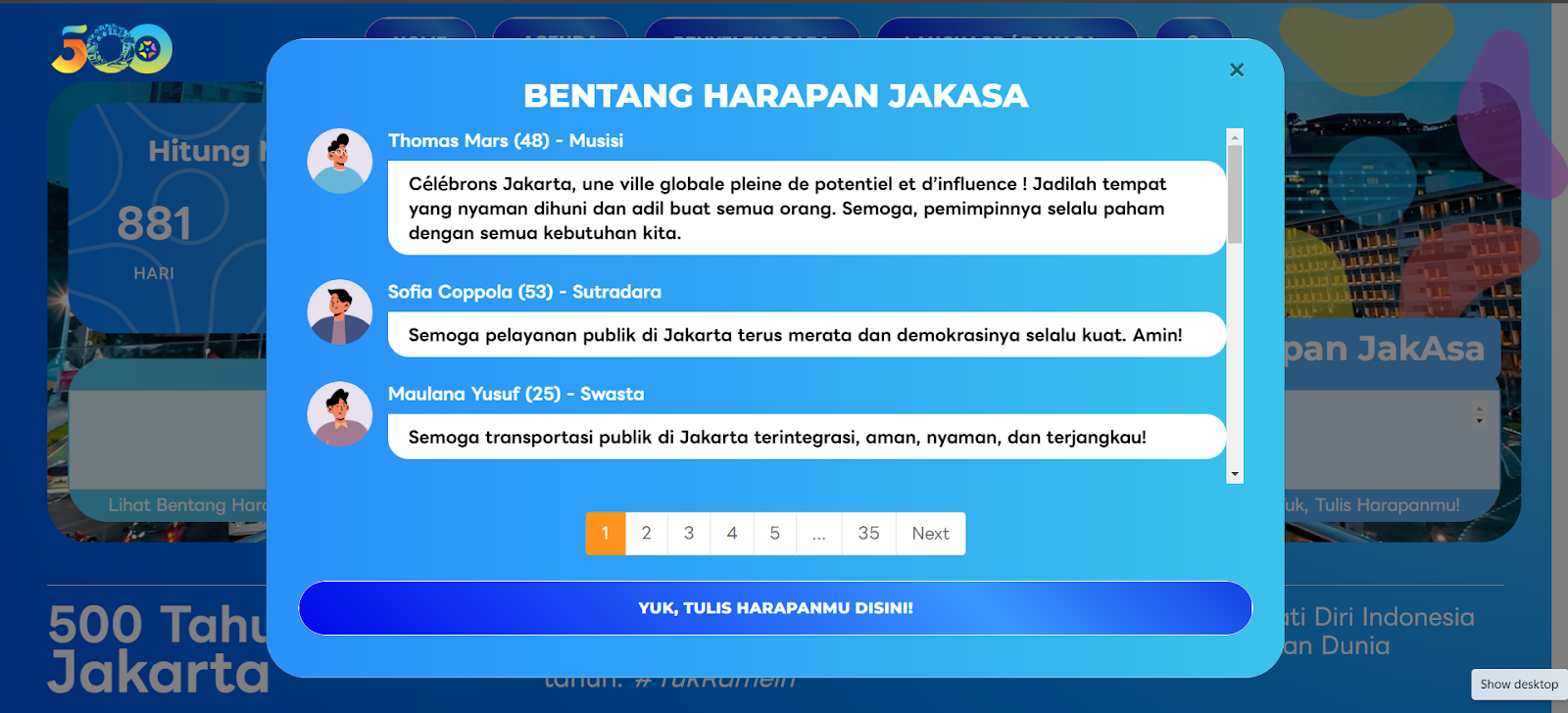 Harapan-harapan yang telah ditulis oleh warga Jakarta. Sumber:&nbsp;jakarta500.id