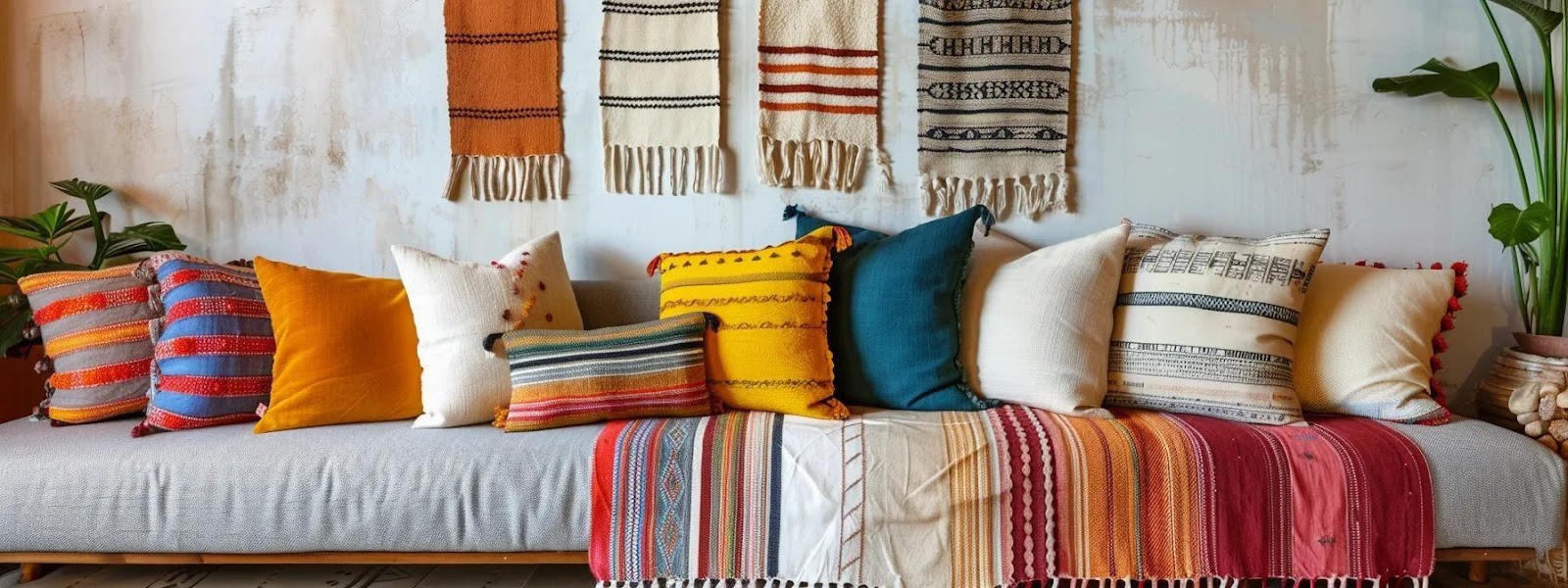 a stylish, modern living room showcases an array of handwoven cotton throw blankets draped elegantly over a contemporary sofa, emphasizing their intricate designs and vibrant colors while exuding a warm, inviting atmosphere of comfort and cultural heritage.