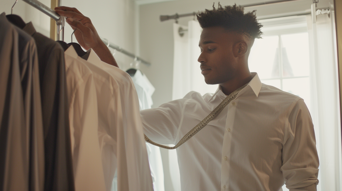 A man measuring his neck and arm with a measuring tape while standing in front of a mirror, wearing a white undershirt. A dress shirt hangs nearby on a hanger. Bright, clean lighting, with a minimal, tidy bedroom or closet setting. The focus is on accurate measurement and proper fit