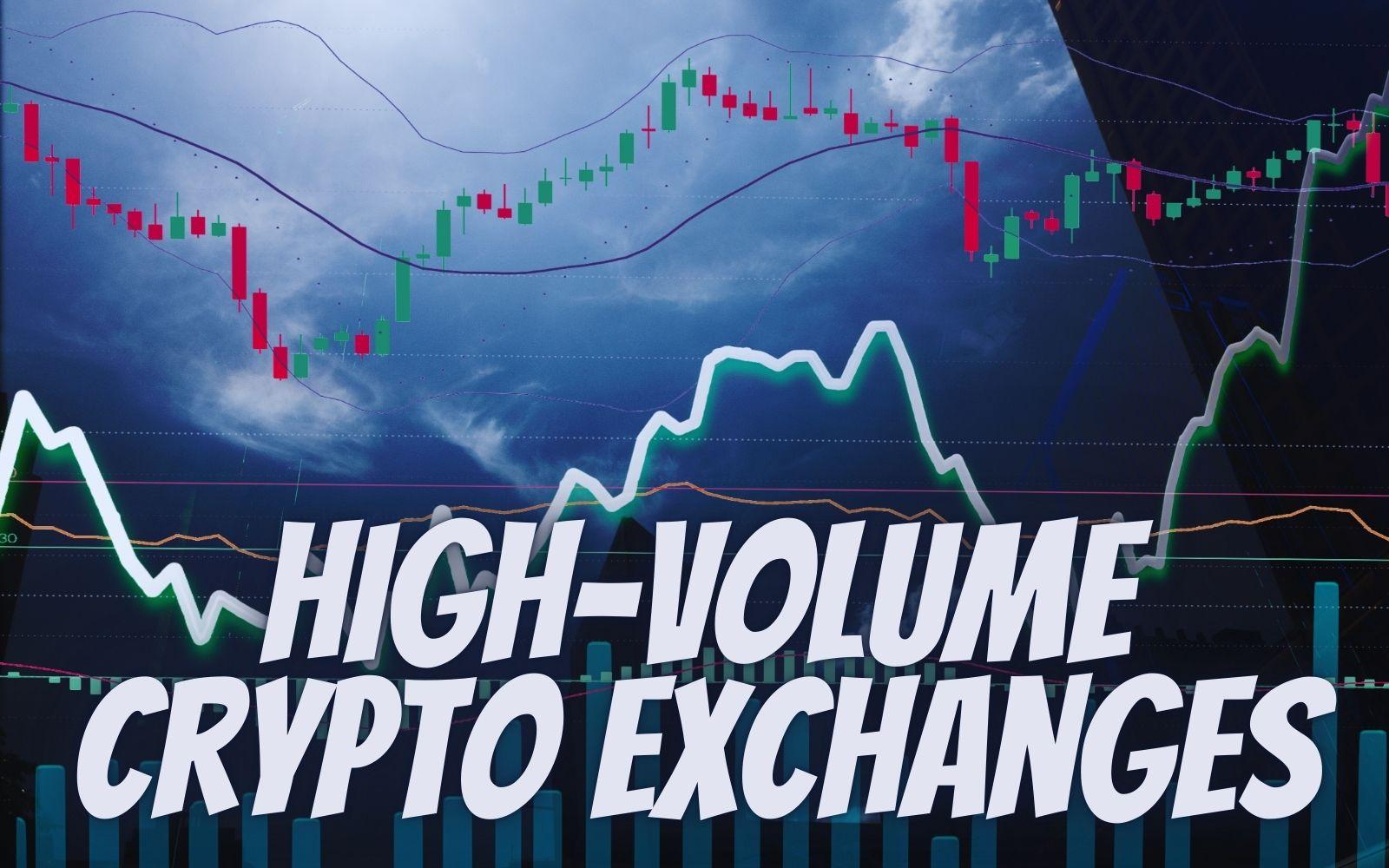 Graph chart with candlestick patterns and text 'High-Volume Crypto Exchanges' indicating trading activity and market analysis.