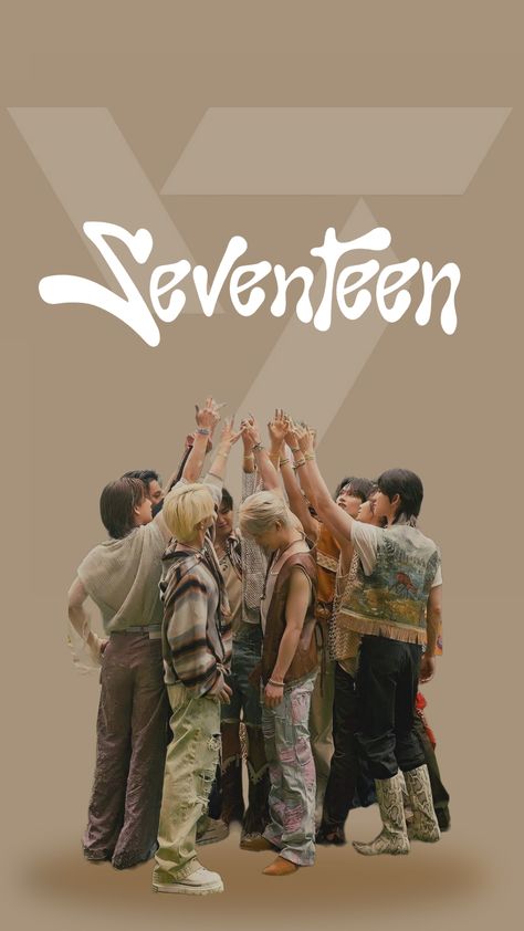 This contains an image of Seventeen group members standing together with their hands in the air