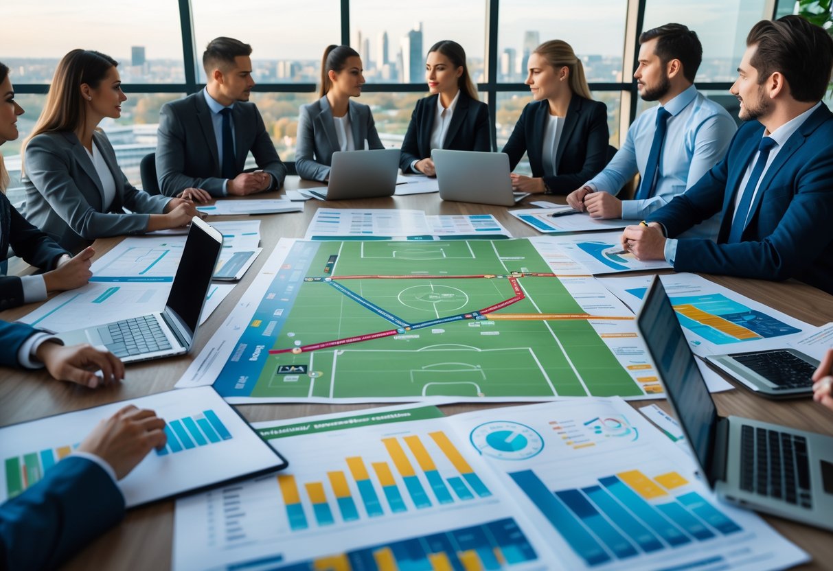 A group of professionals working together around a table with maps and documents planning travel logistics between Heathrow and Luton on match days.