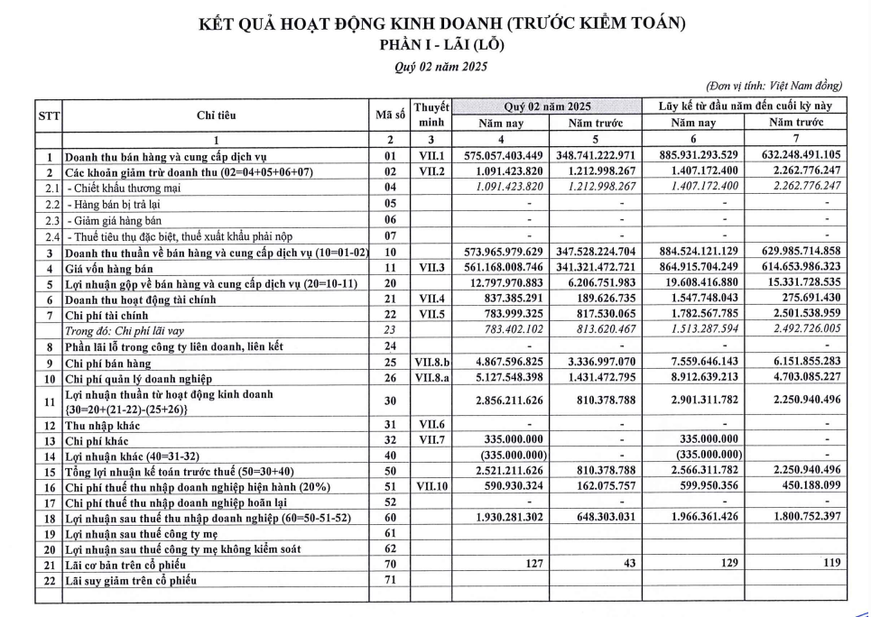 Tổng quan tình hình kinh doanh của thép Thép Vicasa - Vnsteel (Mã: VCA) (Nguồn: Báo cáo tài chính quý 2/2025 VCA)