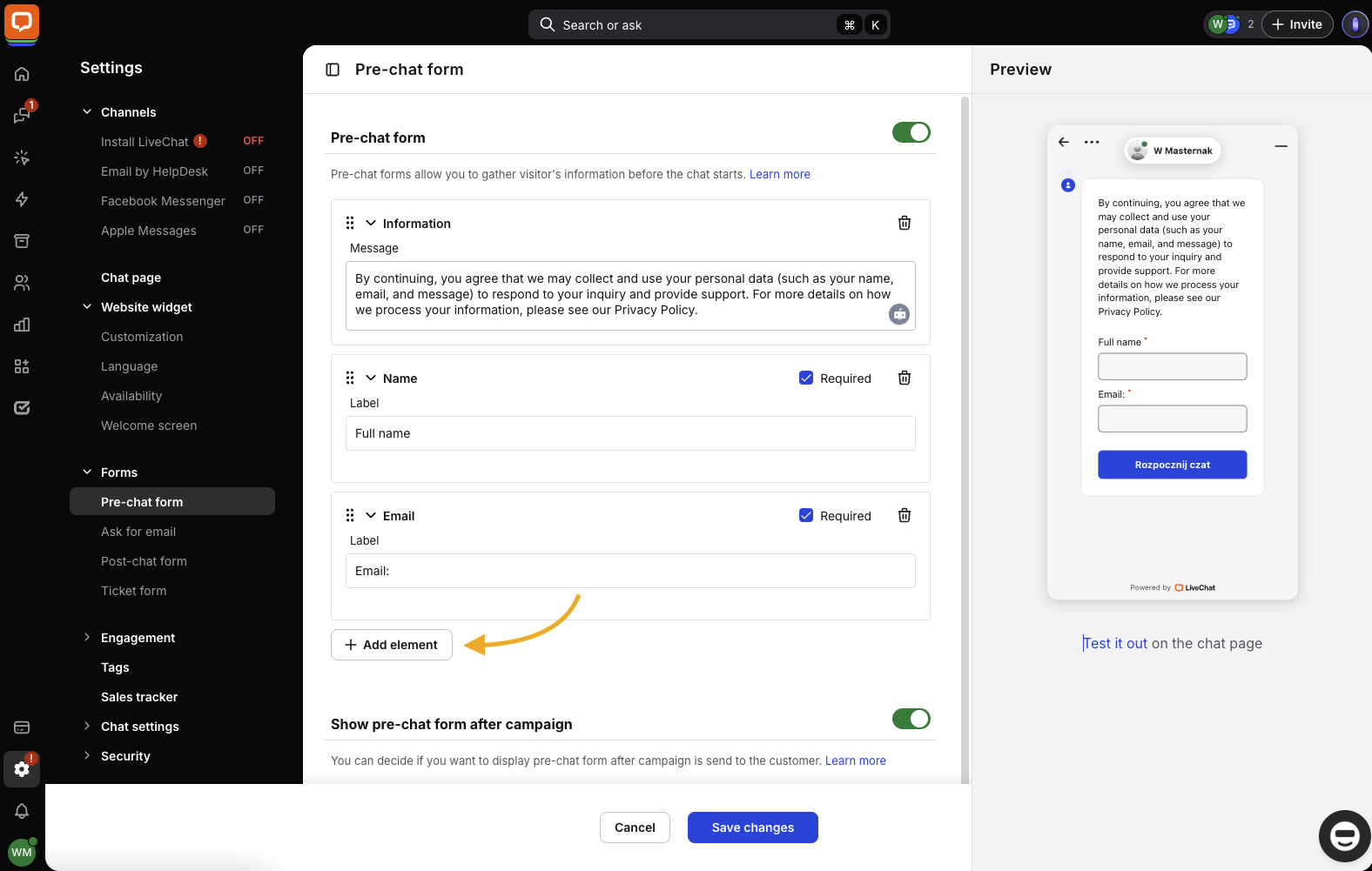 Chat form: Adding element.