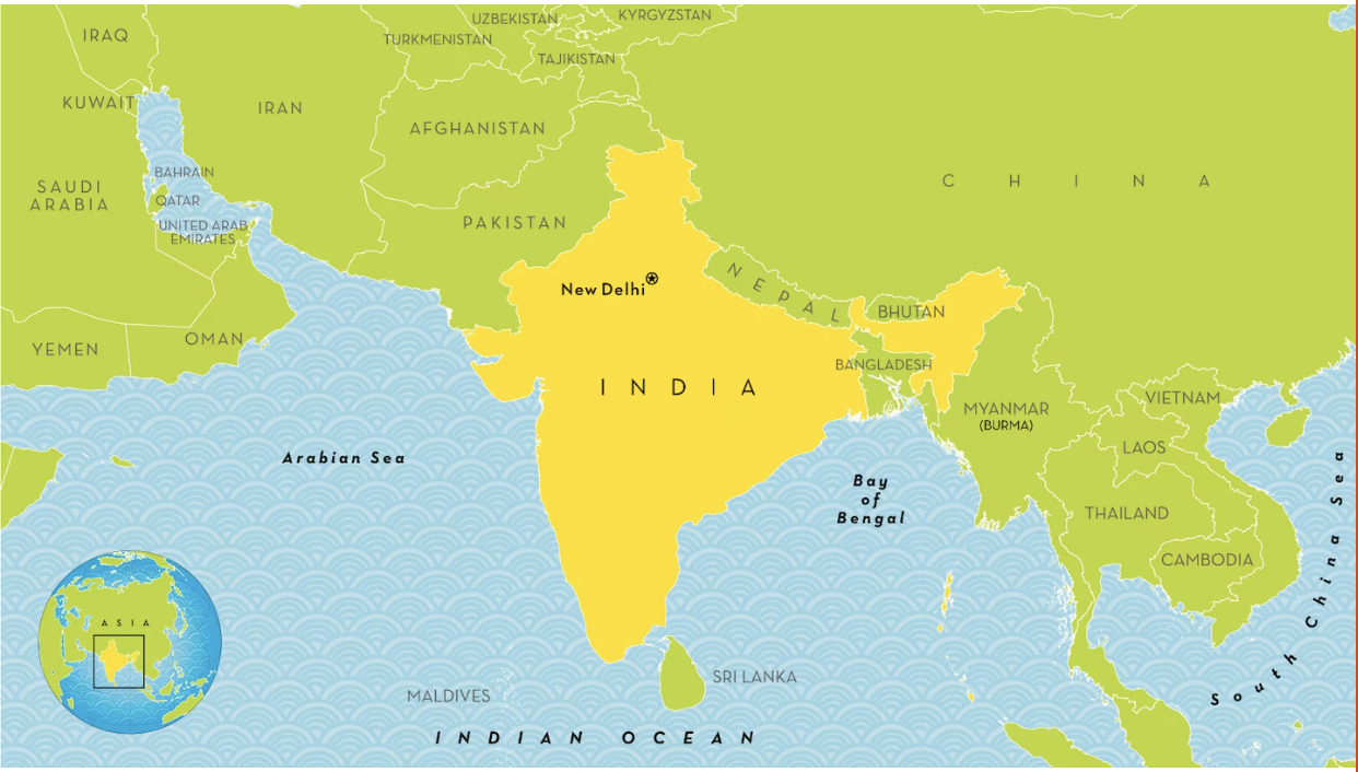 Figure 1: Map of India showing major geographical regions. (National Geographic, 2014)
