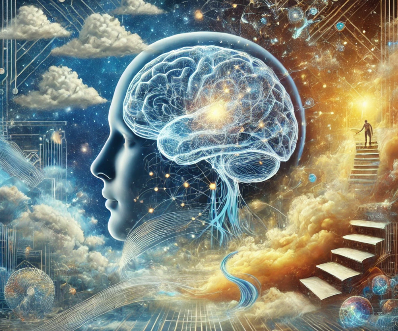 A human brain with glowing neural connections, surrounded by surreal dreamlike elements like clouds and staircases, symbolizing your subconscious mind. spiritual symbolism of elevator dreams