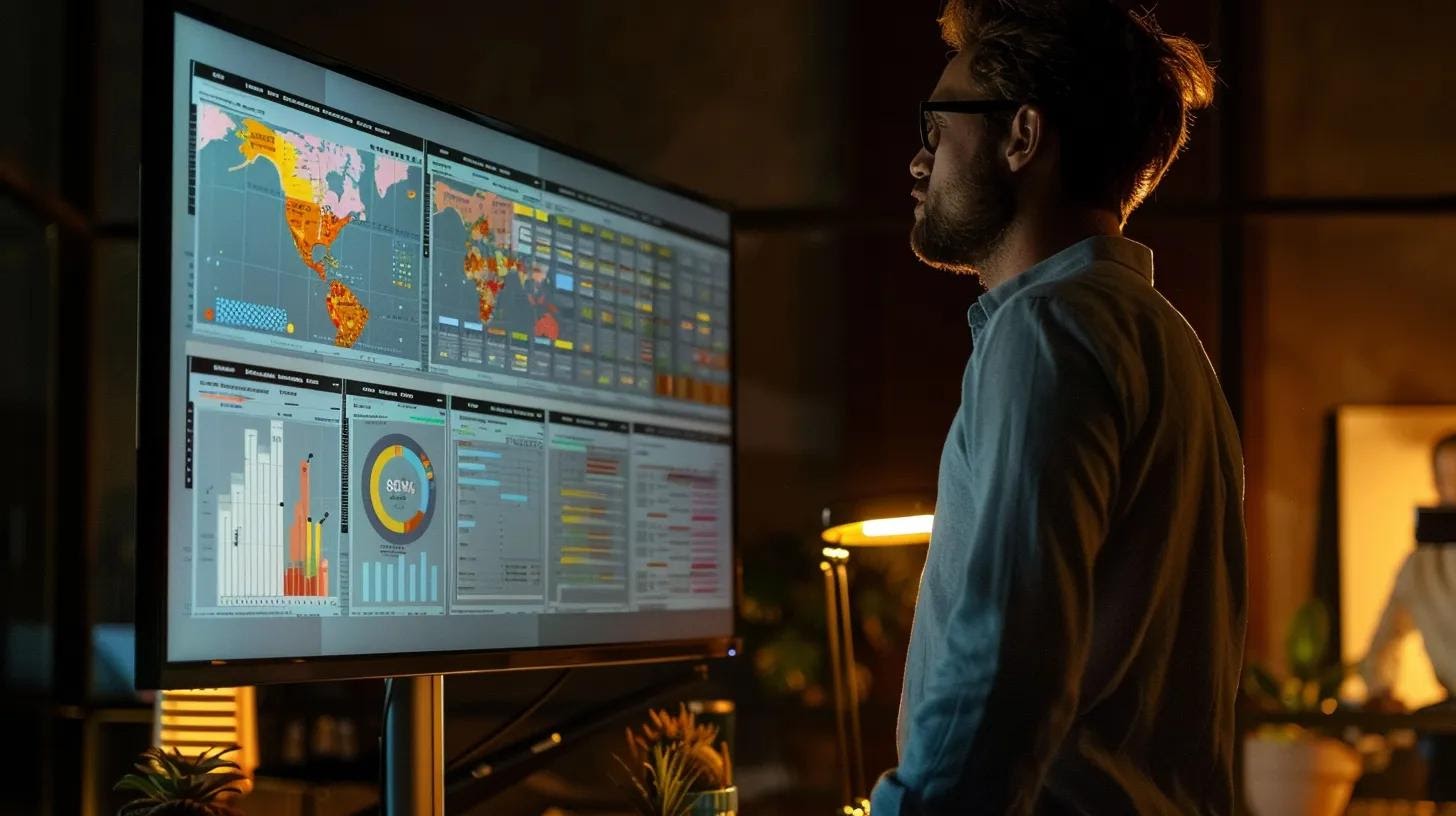 a focused business professional analyzes a digital marketing dashboard filled with vibrant keyword analytics on a sleek monitor in a modern office, illuminated by soft, ambient lighting that emphasizes strategic keyword exploration.