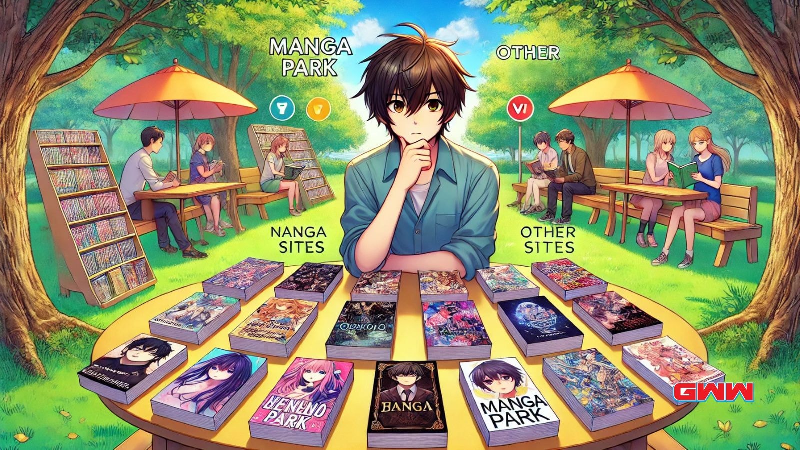 Anime character comparing manga options in a sunny park setting.