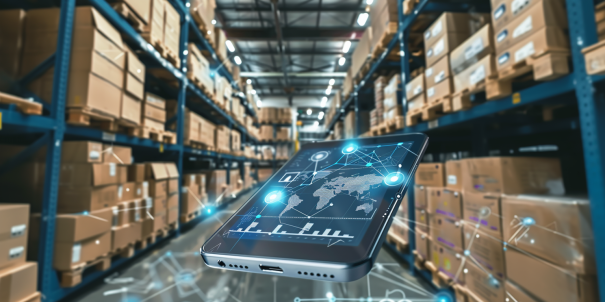 Warehouse interior with shelves full of boxes and a digital smartphone interface displaying global logistics data and analytics.