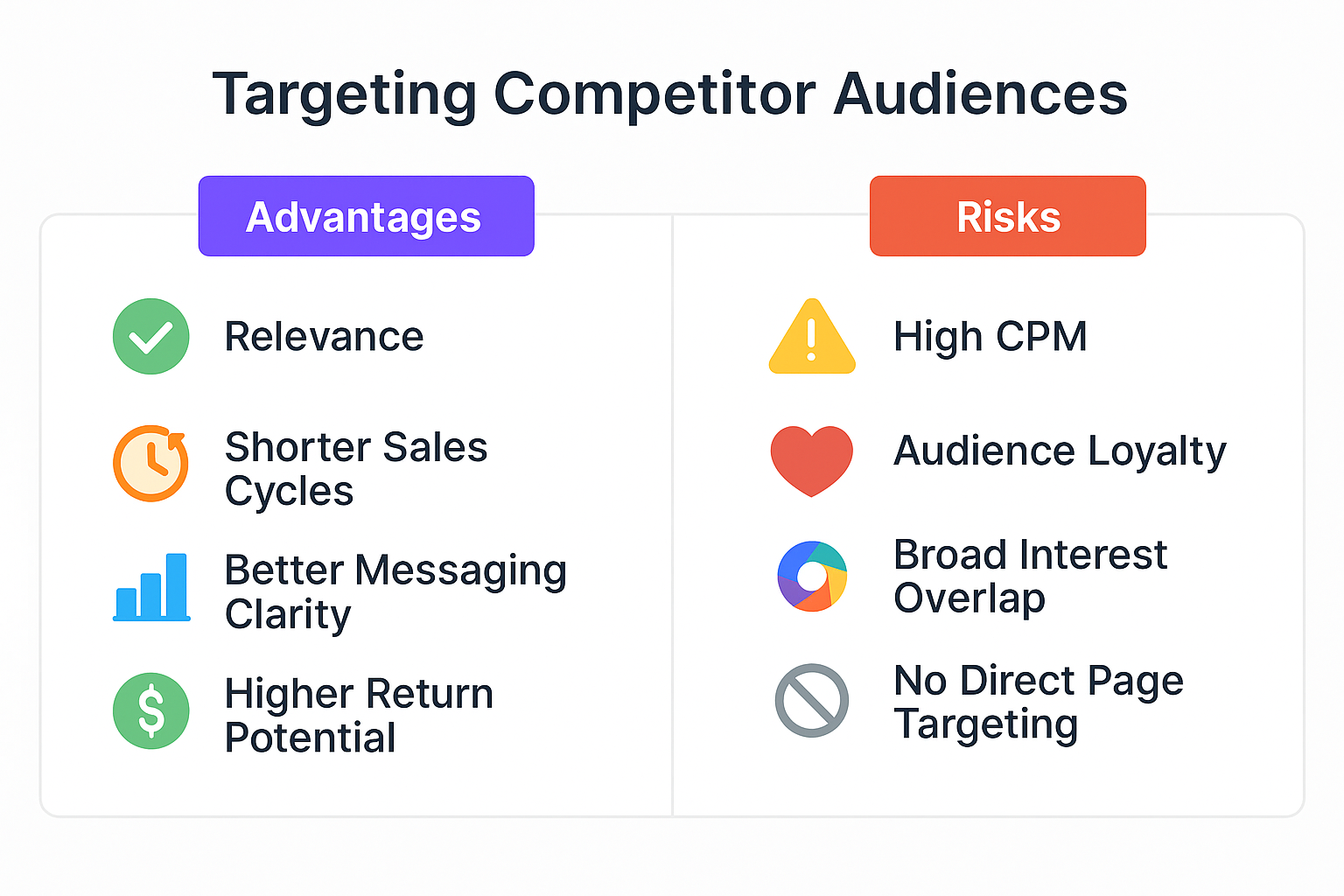 Infographic with icons listing four advantages and four risks of targeting competitor audiences, arranged in two colorful columns