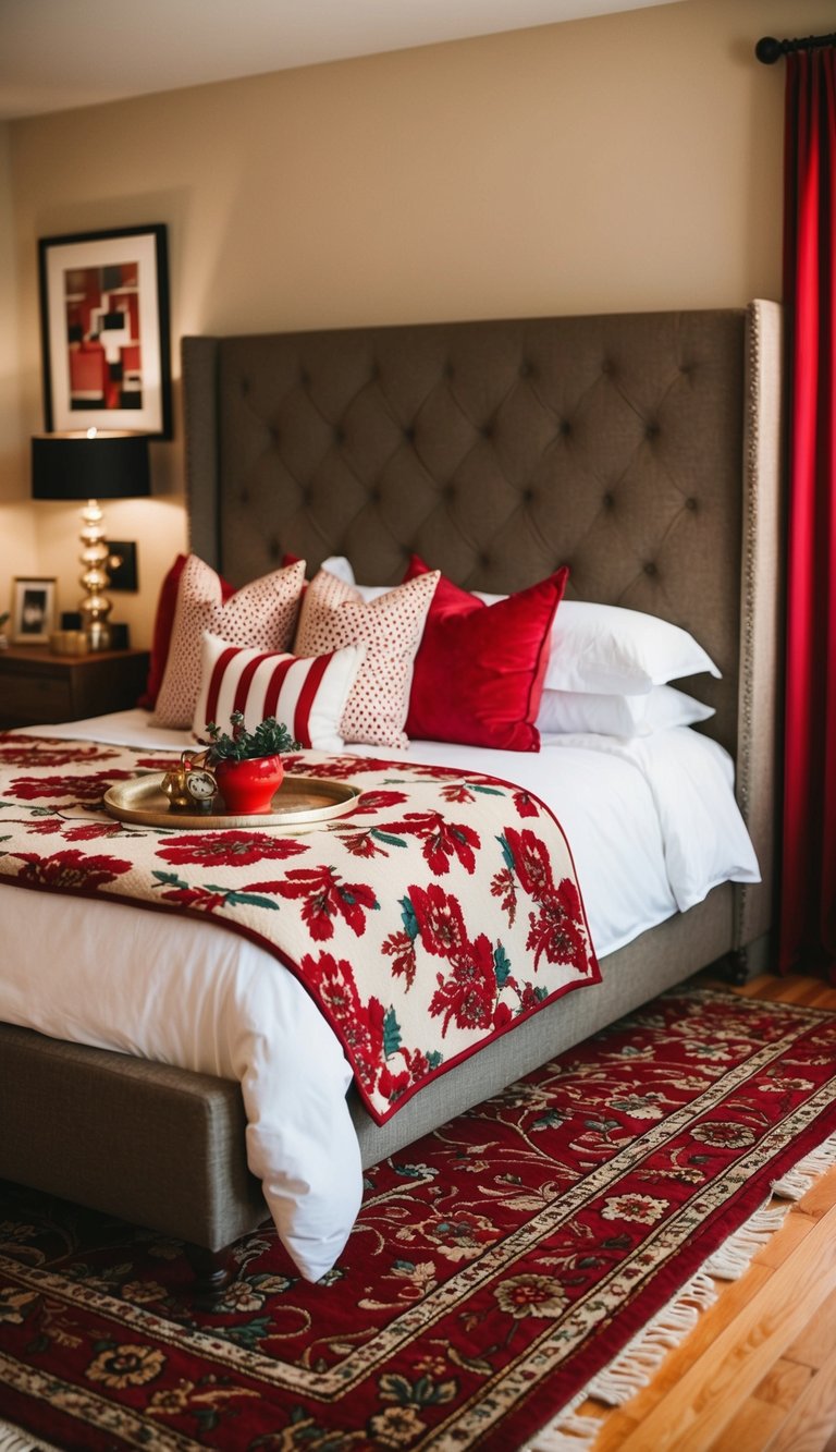 A cozy bedroom with a cardinal floral rug as the centerpiece, surrounded by red accents and warm lighting