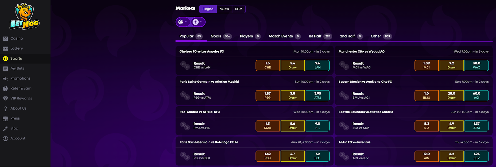BetHog Sportsbook Homepage