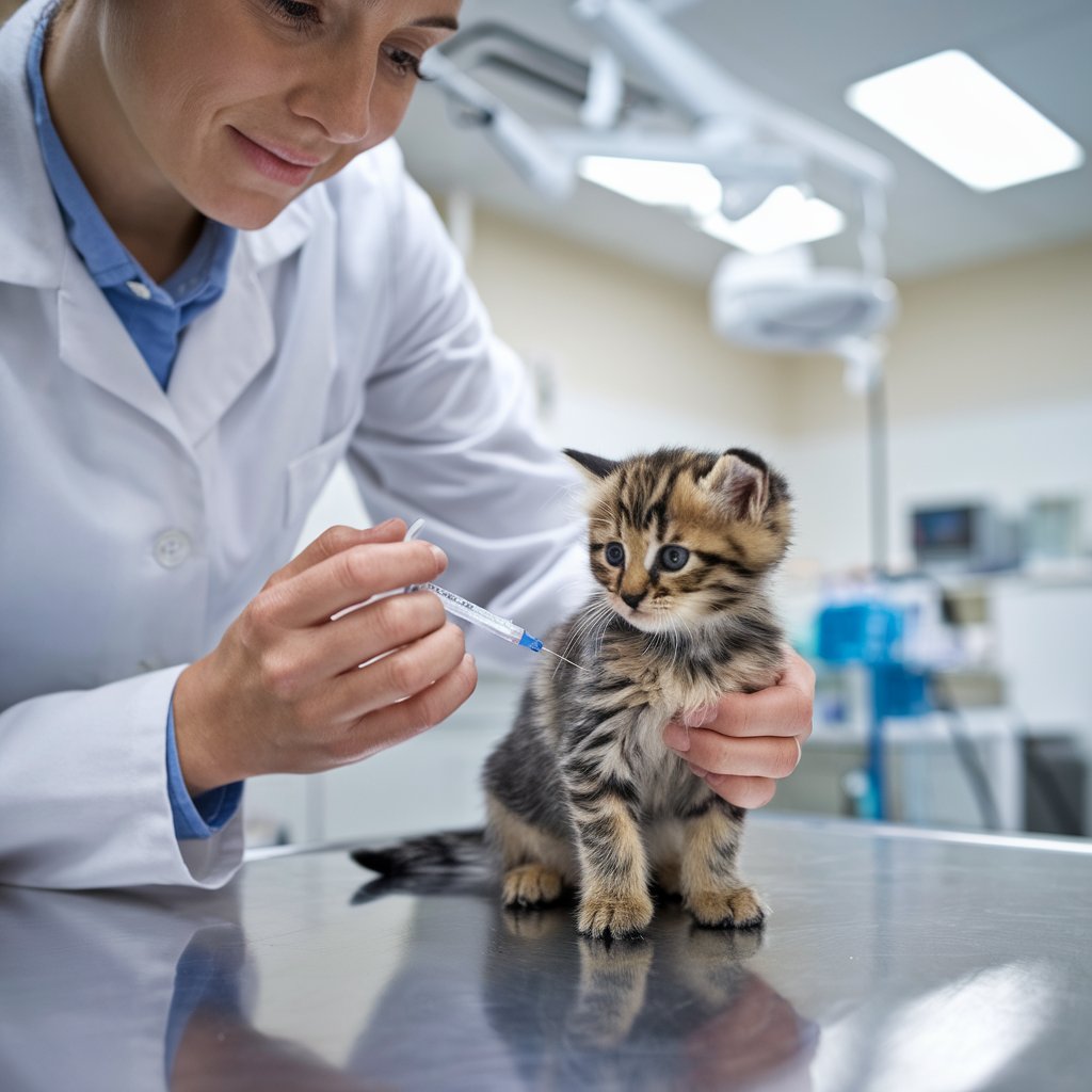 Bir kedi hastane yatağında oturuyor ve bir doktor kedi için enjeksiyona hazır