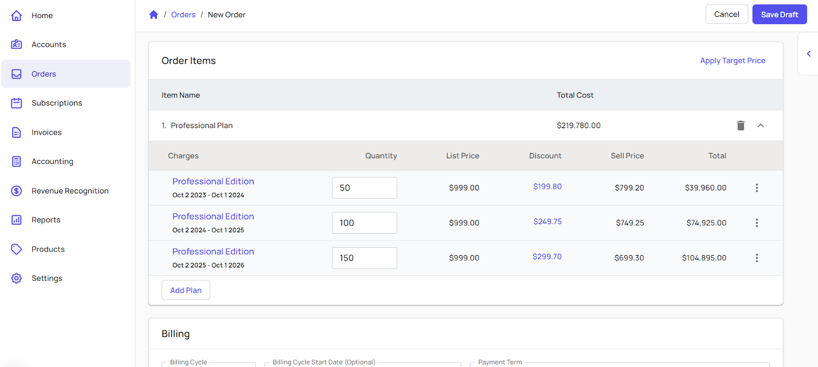 UI for order creation in Subskribe showing multiple line items for the "Professional Plan."