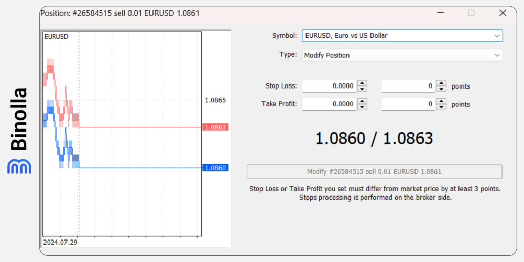 A window where you can modify or delete your trade on the MT 5 platform