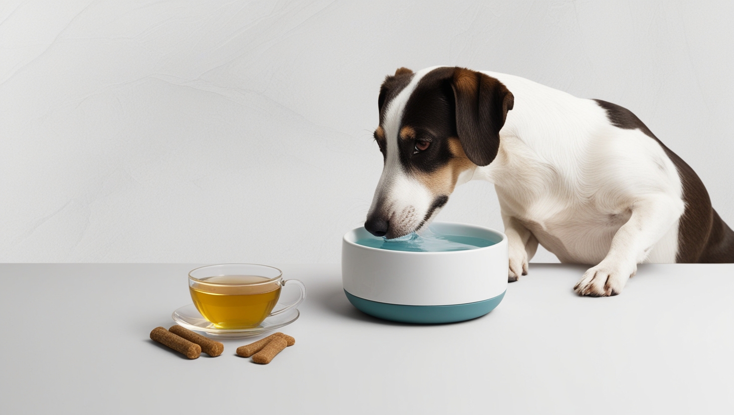 A small dog with brown and white fur is drinking from a ceramic bowl. A cup of tea and a plate of dog biscuits are on the table beside it.