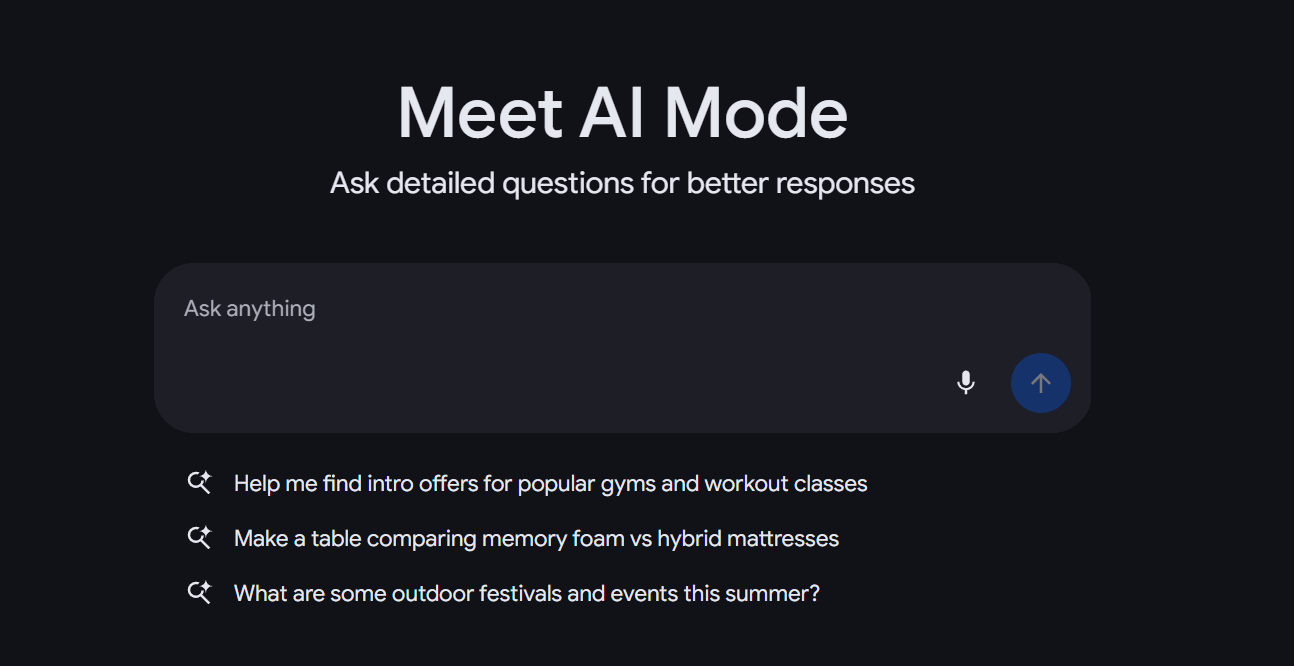 The AI Mode opens in a new tab, where the AI search is the only interface