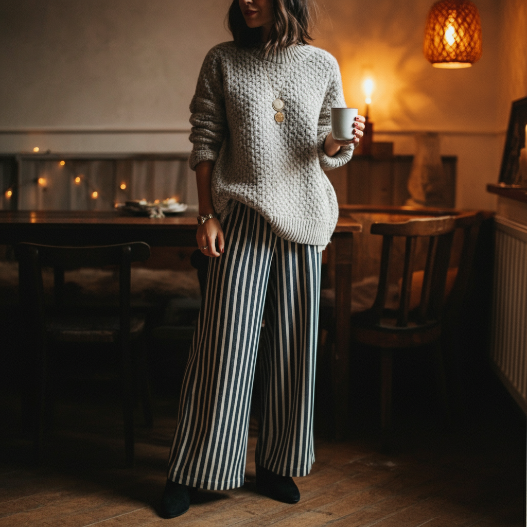 Woman in oversized sweater and striped palazzo pants