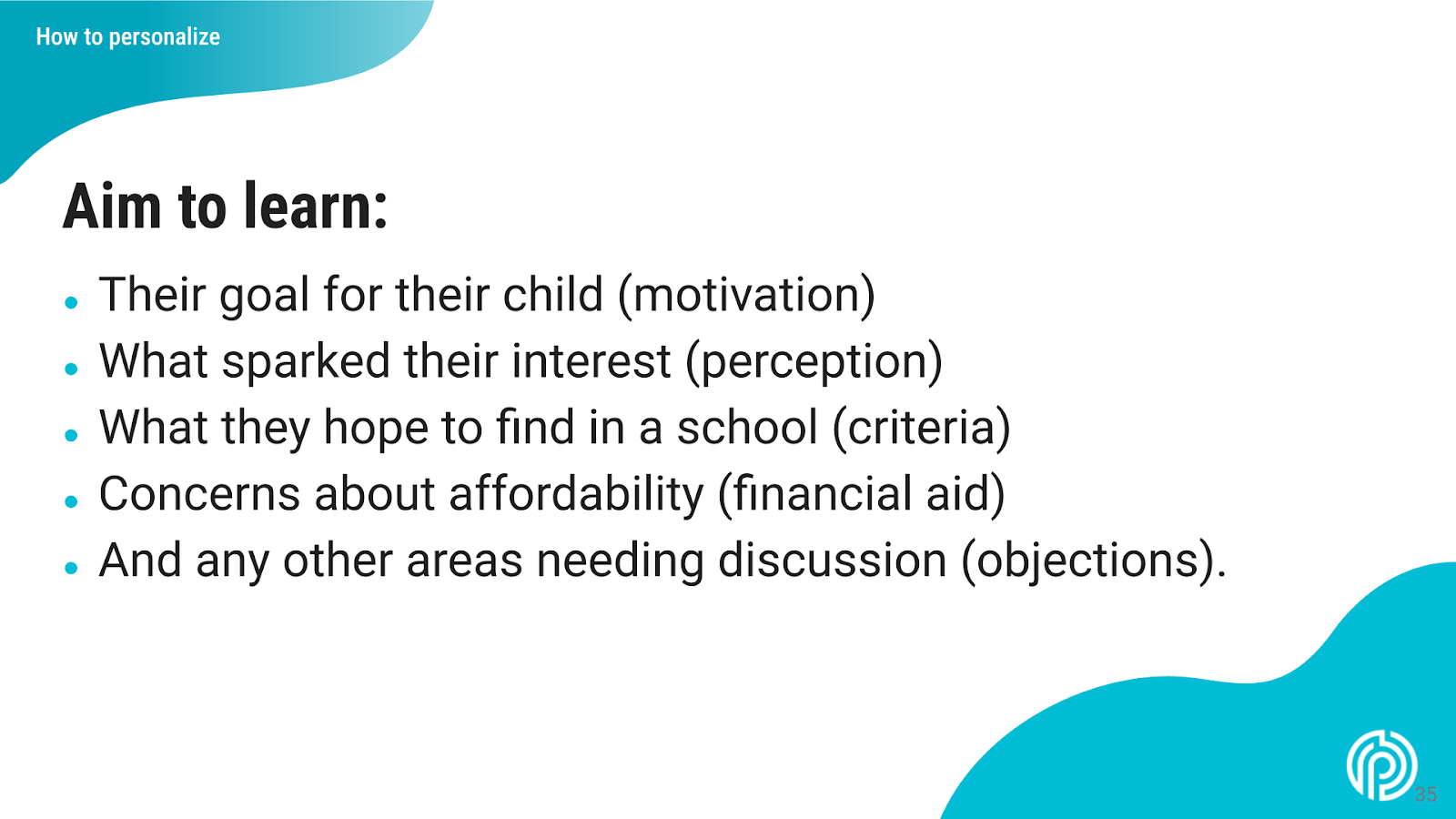 A bulleted list that states how to collect personalization data through motivation, perception, criteria, financial aid and objections.