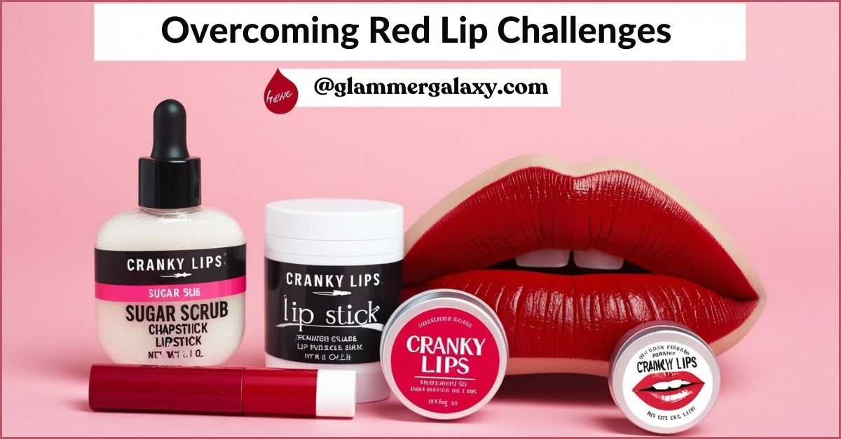 Cosmetics including lip serum, sugar scrub, and lipstick with ‘Cranky Lips’ label against pink background.