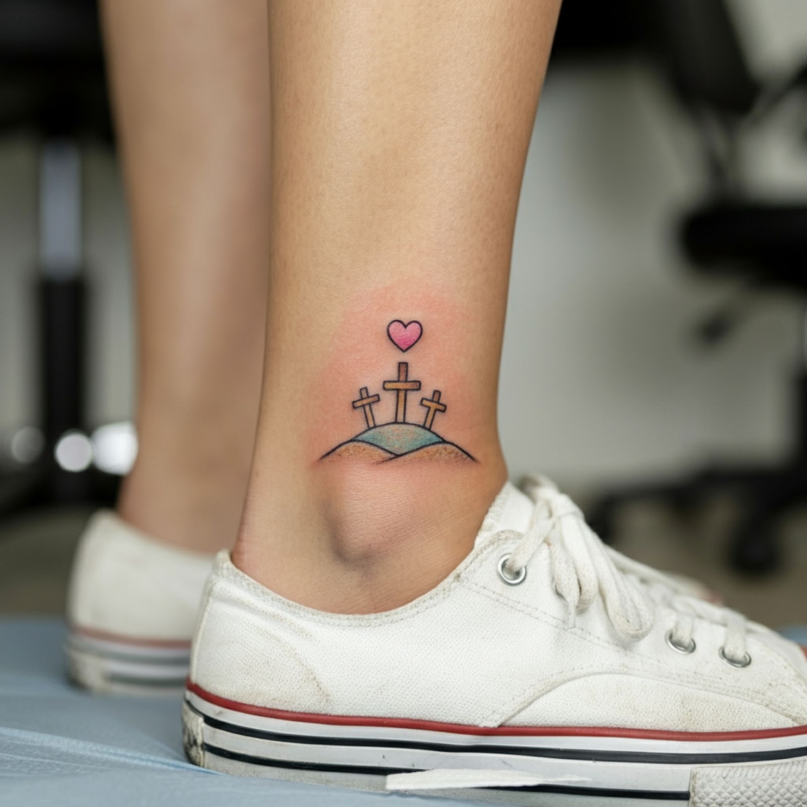 Three Crosses on a Hill with a Heart Symbol Tattoo