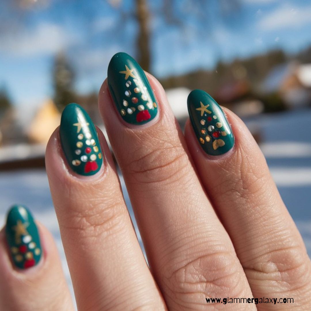 Christmas holiday Nails having Christmas Tree Designs
