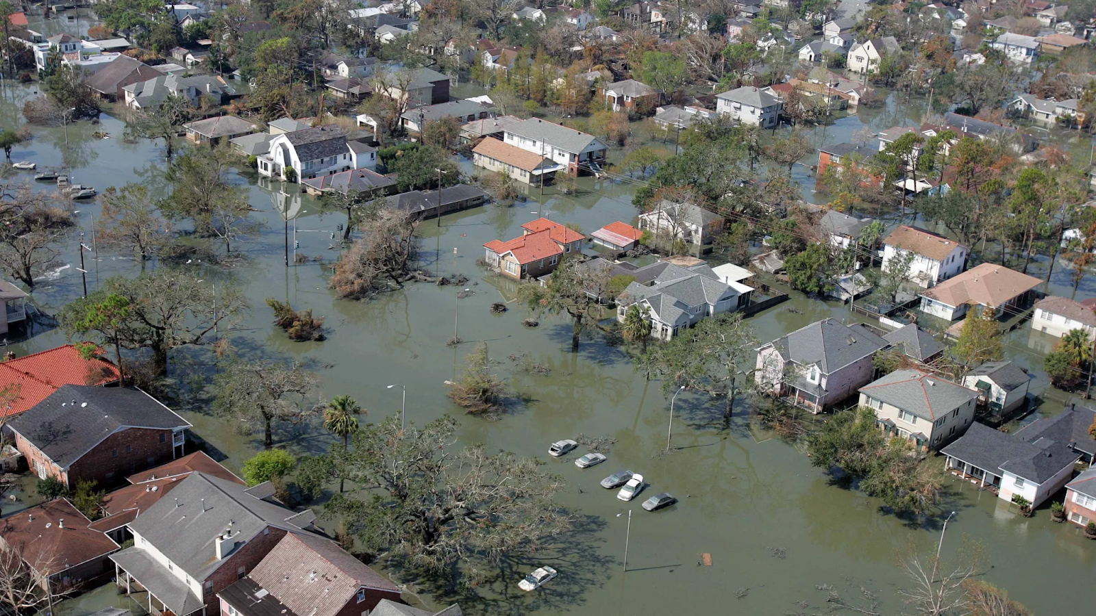 An aerial image of New Orleans submerged in flood waters due to Hurricane Katrina.