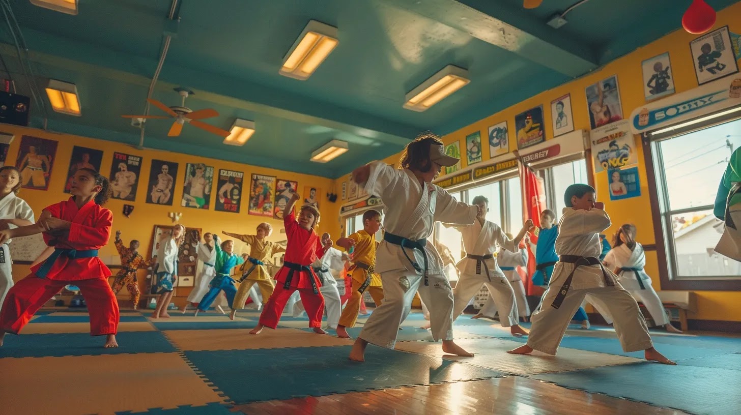 a vibrant dojo filled with enthusiastic children in colorful karate uniforms practicing their kicks, with a bright, inviting atmosphere and motivational posters on the walls.