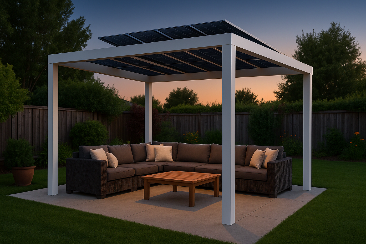 Pergola roof featuring sleek solar panels capturing sunlight in a backyard setting.