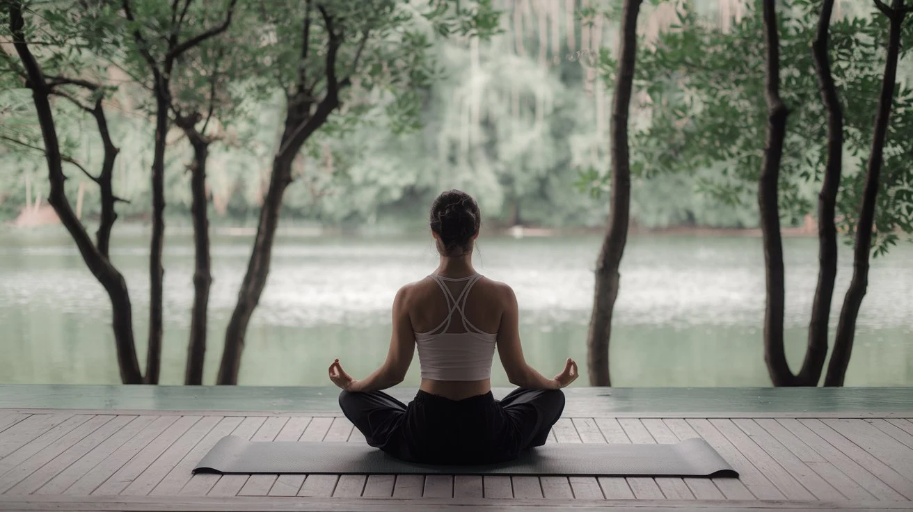  A person practicing yoga or meditation in a peaceful setting, emphasizing relaxation techniques for better sleep.