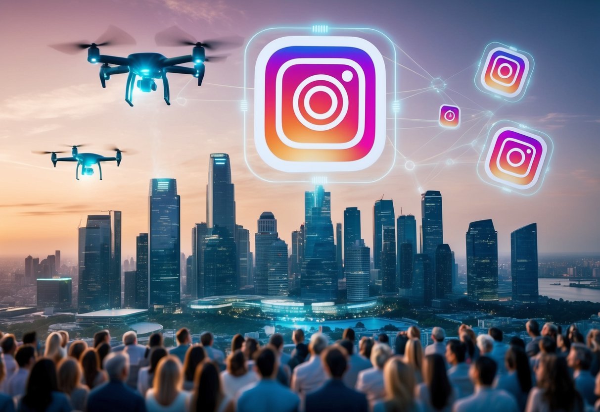 Um horizonte de cidade futurista com logotipos holográficos do Instagram projetados no céu, enquanto drones voam ao redor transmitindo conteúdo para um público diversificado abaixo.