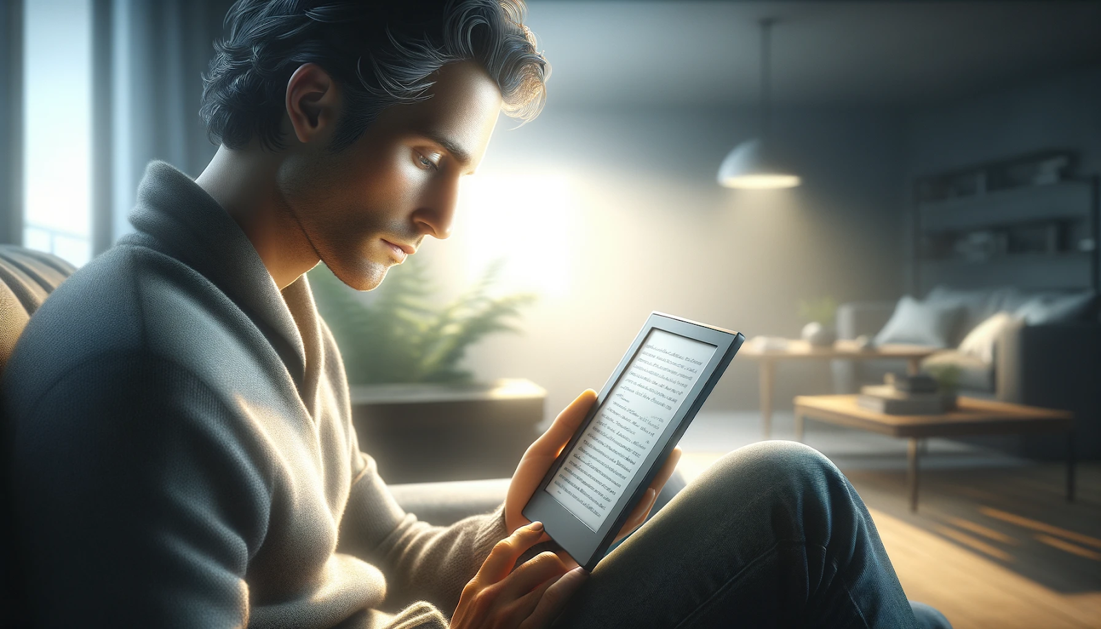 A digital illustration of a man reading an e-reader in a cozy, softly lit living room. He is deeply focused, with warm lighting casting shadows on his face. The modern, minimalist setting emphasizes relaxation and digital reading.