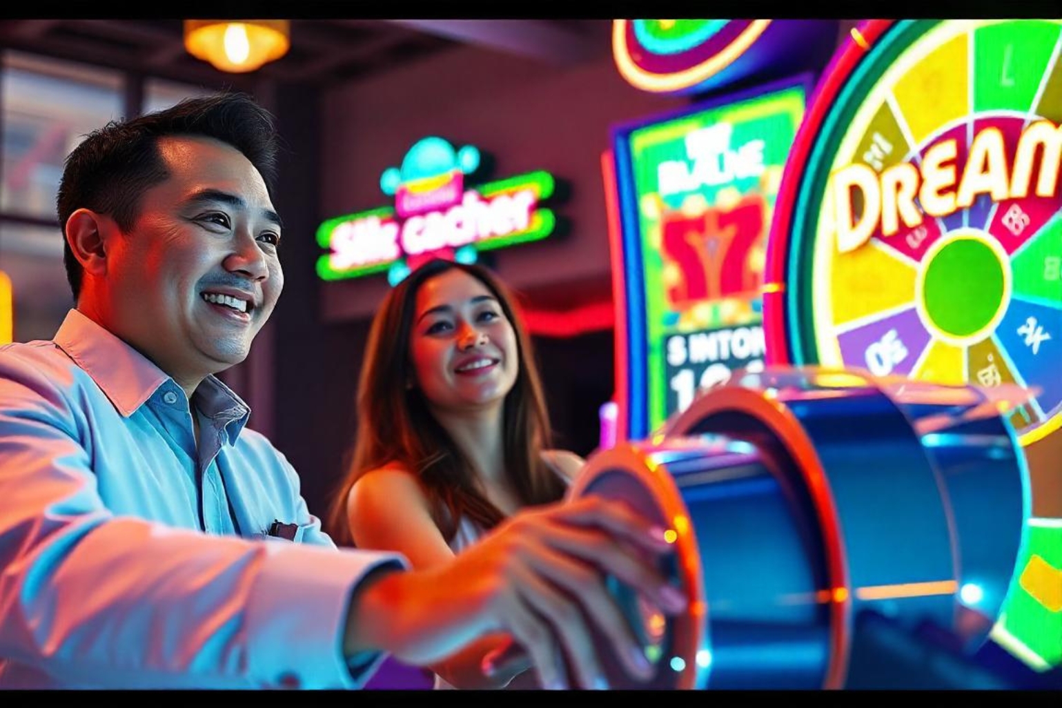 A man and woman joyfully smile at a slot machine in an online casino game show.