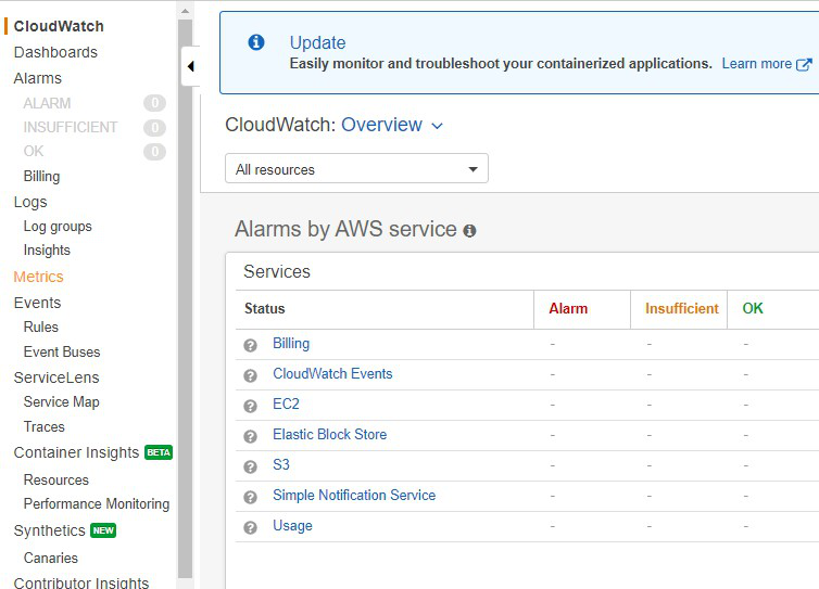 Go to the CloudWatch dashboard and select "Metrics."
