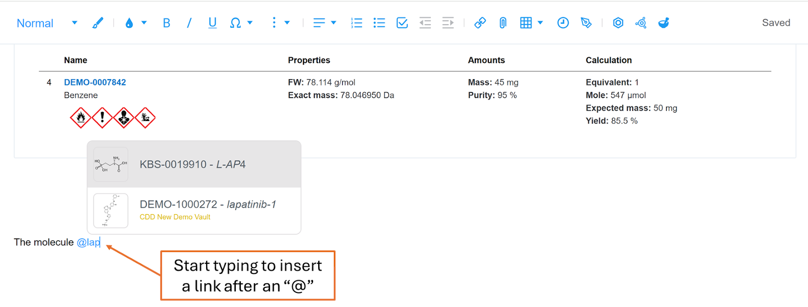 Shows how to insert a link using the @ symbol