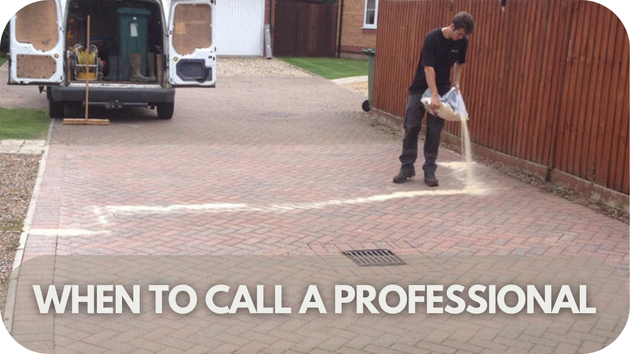 Professional assessing motor oil stains on pavers for advanced cleaning solutions.