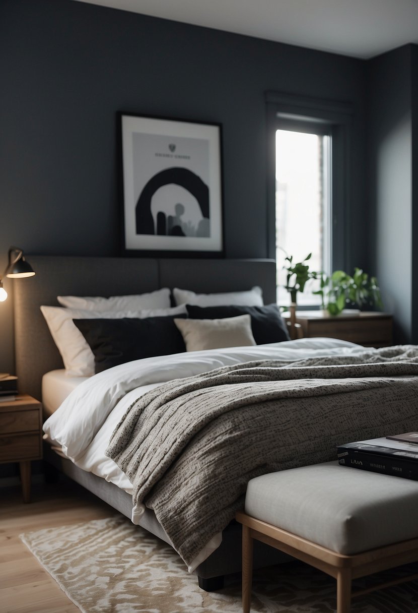 A cozy bedroom with a bed centered against a feature wall, flanked by matching nightstands and lamps. A comfortable reading chair in the corner, and a stylish dresser opposite the bed