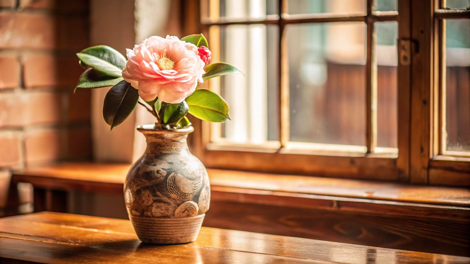 Plantar Camélias em vaso de cerâmica, posicionada em uma mesa de madeira com luz suave ao fundo.