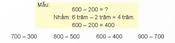 BÀI 61 PHÉP TRỪ (không nhớ) TRONG PHẠM VI 1000I.HOẠT ĐỘNGCâu 1: Tính. Đáp án chuẩn:Câu 2: Đặt tính rồi tính. Đáp án chuẩn:Câu 3: Tính nhẩm (theo mẫu). Đáp án chuẩn:700 – 300 = 400800– 500 = 300 600 – 400 = 200900 – 700 = 200Câu 4: Bác Sơn thu hoạch được 580 kg thóc nếp. Bác Hùng thu hoạch được ít hơn bác Sơn 40 kg thóc nếp. Hỏi bác Hùng thu hoạch được bao nhiêu ki-lô-gam thóc nếp? Đáp án chuẩn:Bác Hùng thu hoạch được 540 kg thóc nếp.II.LUYỆN TẬP 1Câu 1: Tìm chữ số thích hợp.Đáp án chuẩn:Câu 2: Quan sát tranh rồi trả lời câu hỏi. Đáp án chuẩn:a) 482 – 70 = 412b) Hai bông hoa có cánh màu xanh và màu cam ghi phép tính có kết quả bằng nhau và bằng  311.Câu 3: Tìm ô che mưa thích hợp. Đáp án chuẩn:Câu 4: Tìm chữ số thích hợp. Đáp án chuẩn:Câu 5: Một trường tiểu học có 465 học sinh, trong đó có 240 học sinh nữ. Hỏi trường tiểu học đó có bao nhiêu học sinh nam? Đáp án chuẩn:Trường tiểu học đó có 225 học sinh nam.    III.LUYỆN TẬP 2