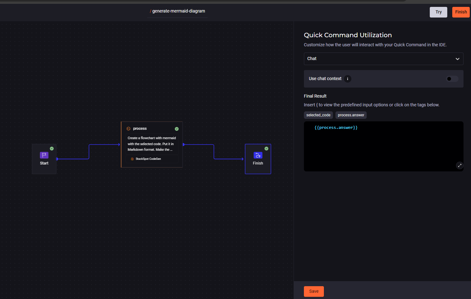 Image from the article on Mermaid Diagrams. Right-hand side menu for editing the Finish block containing the chat option and a text box where you can configure the output of the final result. 