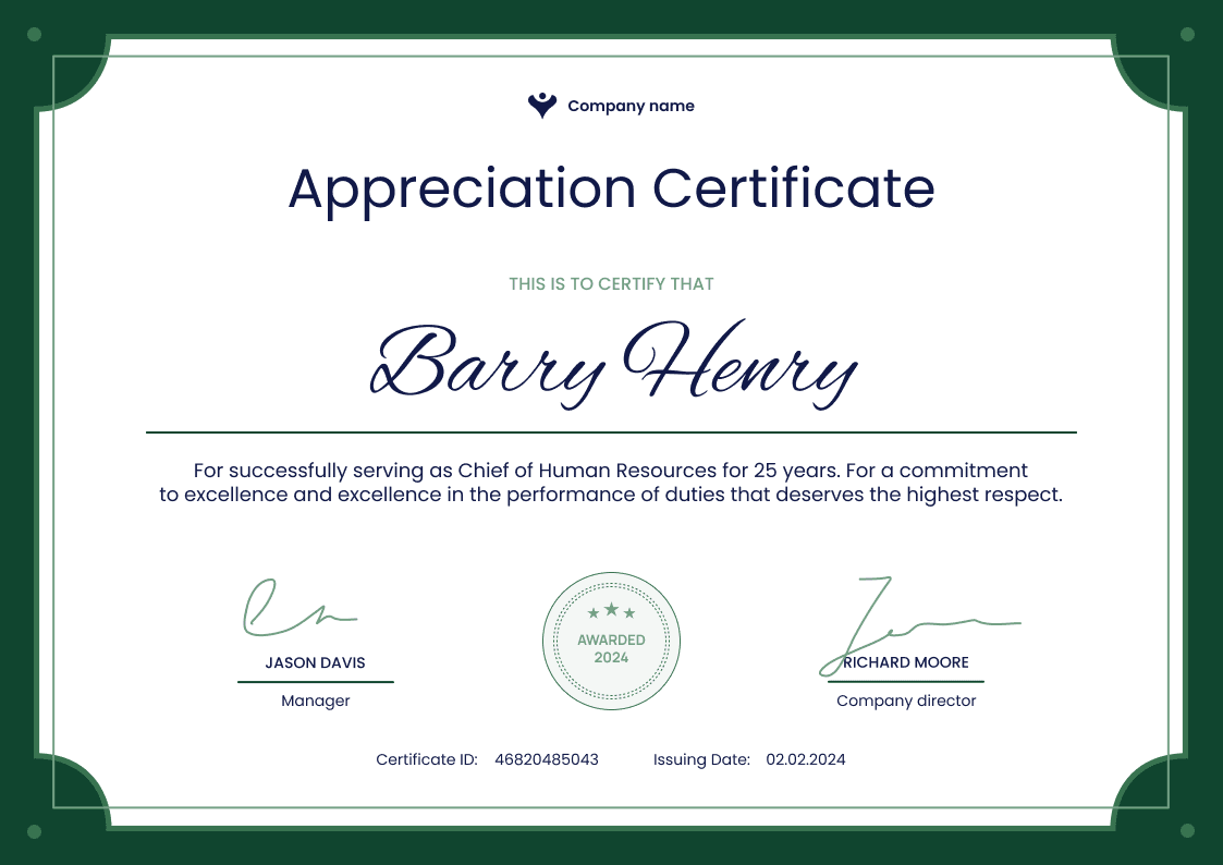 HR-Issued Appreciation Certificate